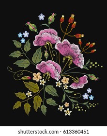 Wild flowers embroidery on black background. Decorative floral embroidery elegant flowers vector 