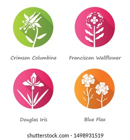 Wild flowers flat design long shadow glyph icons set. Crimson columbine, franciscan wallflower, douglas iris, blue flax. Weed, wildflowers with name inscription. Vector silhouette illustration