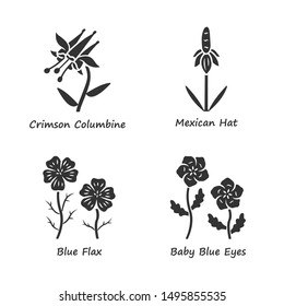 Wild flowers glyph icons set. Crimson california, mexican hat, linum, baby blue eyes. Field plants. Blooming wildflowers, weed. Spring blossom. Silhouette symbols. Vector isolated illustration