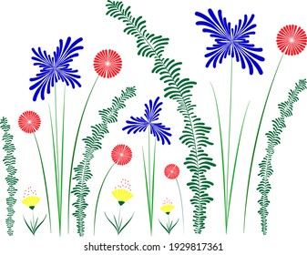 wild flowers grass, composition, vector, red, green, blue, yellow, Petrykivka painting, Ukraine