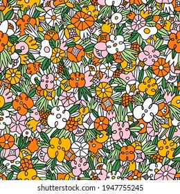 Wild flowers and grass in crazy doodles style, colorful vector seamless pattern