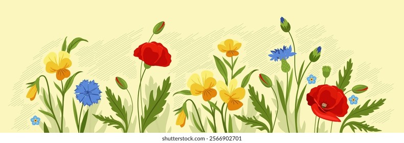 Wild flowers and grass. Yellow, blue and red flowers. Bloom and blossom plants. Spring and summer season plants. Tenderness and elegance. Flat vector illustration isolated on yellow background