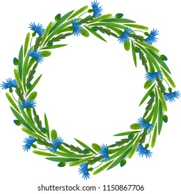 Wild flowers greenery vector wreath. Nature decor card, poster and banner template from meadow flowers. Cornflower with green leaves wreath decoration for wedding, fesival and event. Botanical art.