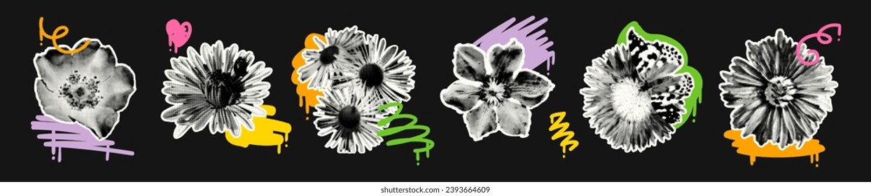 Flores silvestres conjunto de elementos de color de media tonalidad. Grunge formas cortadas, imágenes prediseñadas con grafitis pintadas con grafitis. Ilustración retro vectorial moderna a la moda para el diseño de medios mixtos