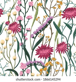 Wild flowers hand drawn vector seamless pattern. Abstract botanical sketches of field plants. Colored vintage floral background. Gentle design for wallpaper, fabric, print, decor, card, textile, wrap.