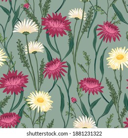 Wild flowers hand drawn vector seamless pattern. Abstract botanical sketches of field plants. Colored vintage floral background. Gentle design for wallpaper, fabric, print, decor, card, textile, wrap.