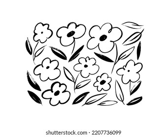 Wild flowers hand drawn vector set. Ink drawing meadow flowers, brush painted small herbs. Collection of hand drawn graphic chamomiles. Stems, leaves and buds isolated on white background.