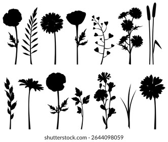 Wild flowers, herbs, and grasses isolated on white. Black silhouettes of flowers (poppy, daisy, chamomile, chicory) and herbs. Set of vector design elements. Hand-drawn illustration, not AI