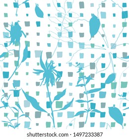 
Wild flowers, herbs and leaves vector seamless pattern. Hand drawn florals on abstract background with geometric shapes.