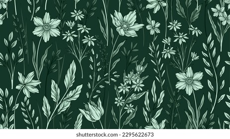 Wild flowers herbs seamless pattern. Repeating design element for printing on fabric. Flowering vintage plants, blooming and blossom petals. Spring and summer season. Flat vector illustration