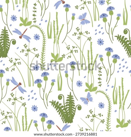 Wild flowers and herbs seamless pattern with dragonflies and butterflies. Natural background with field grasses in blue and green colors on a white. Eco-friendly botanical print on fabric and paper.