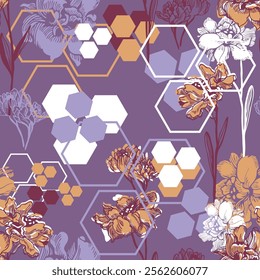 wild flowers hexagon seamless pattern design