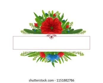 Wild flowers horizontal decoration. Nature decor card, poster and banner template from meadow flowers. Red poppy and cornflower bouquet decoration for wedding, fesival and event. Botanical art.