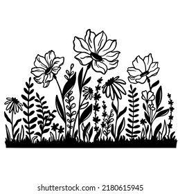 Wild Flowers illustration, Simple Floral meadow sketch silhouette, Minimalist Flower Bouquet, Botanical Paper Cut File