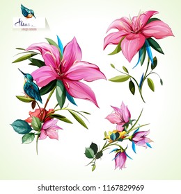 Wild flowers. Illustration of three wild flowers with halcyon around for fabric, textile and other prints. Abstract, watercolor. Hand drawn. Vector - stock.