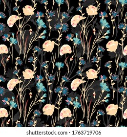 Wild flowers illustrations. Vector seamless pattern