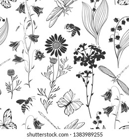 Wild flowers and insects. Seamless vector pattern with lilies of the valley, chamomile,flowers bluebells,butterflies, dragonflies and bees. Black and white nature background. 