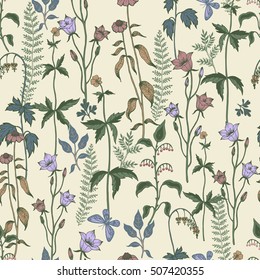 Wild flowers with leaves and butterflies on a beige background. Vector.