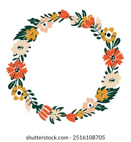 Wild Flowers and leaves circle frame Floral wreath