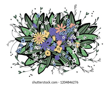 wild flowers and leaves composition.  Hand drawn style.  Vector ilustration.