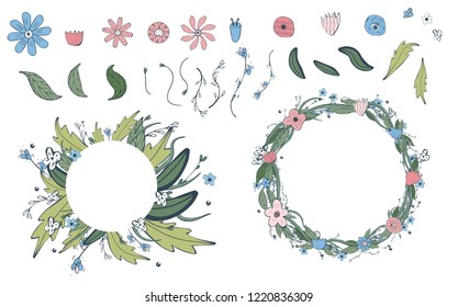 Wild flowers and leaves set.  Doodle style collection of wreath and floral elements isolated on white background.  Vector ilustration.