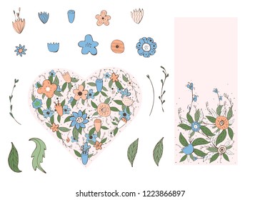 Wild flowers and leaves set.  Doodle style collection of heart composition, vertical banners template and isolated objects.  Vector ilustration.
