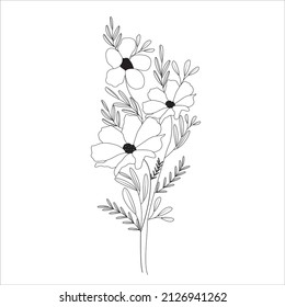 Wild flowers and leaves,line art drawing.black and white,Outline vector illustration isolated on white background. Rose hip bouquet engraving style.