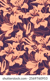 Wild flowers lily wavy seamless pattern in trendy peach fuzz trendy colors of the year. Home decor, textile, wallpaper, fabric, bedding, package.