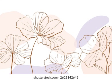 Wild Flowers line art background vector. Luxury abstract art background with artificial flowers, Gold leaves, eucalyptus, trending hydrangea and summer blooms. Botanical wedding wallpaper