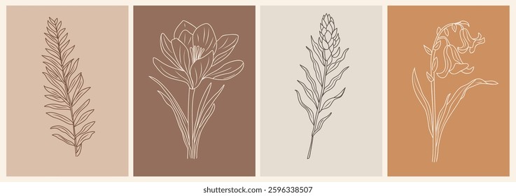 Wild flowers Line art Drawing Print Set. Botanical Poster. Modern Line Art, Aesthetic Contour. Perfect for Home Decor, Wall Art, t-shirt Print, tattoo, logo, jewelry design. Vector illustrations 