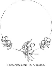 Wild Flowers Line Art Hand Drawn Floristic Feminine Brand Logo Template, Frame with Delicate Flowers, Branches, Plants. Decorative Outlined Vector Illustration. Floral Design Element