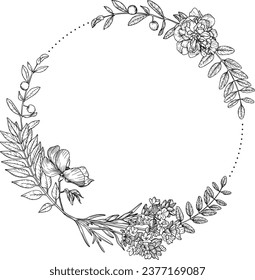 Wild Flowers Line Art Hand Drawn Floristic Feminine Brand Logo Template, Frame with Delicate Flowers, Branches, Plants. Decorative Outlined Vector Illustration. Floral Design Element