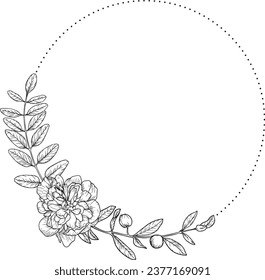 Wild Flowers Line Art Hand Drawn Floristic Feminine Brand Logo Template, Frame with Delicate Flowers, Branches, Plants. Decorative Outlined Vector Illustration. Floral Design Element