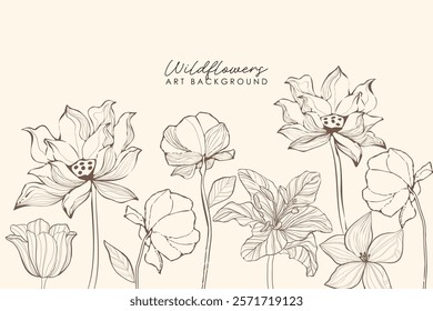 Wild flowers line art pattern background. Luxury lilies, rose, lotus, floral design elements for invitation, wedding, wallpaper, print template, illustration