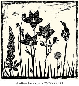 Wild flowers linocut vector illustration with grunge texture. Monochrome linear woodcut illustration.