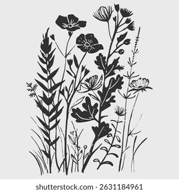 Wild flowers linocut vector illustration with grunge texture. Monochrome linear woodcut illustration.