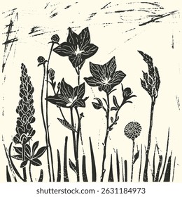 Wild flowers linocut vector illustration with grunge texture. Monochrome linear woodcut illustration.