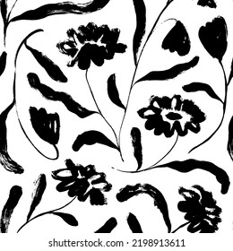 Wild flowers with long stems seamless pattern. Hand drawn vector meadow flowers, black chamomiles blossoms. Meadow floral motif, botanical ornament. Elegant blooming, brush-drawn spring bouquet