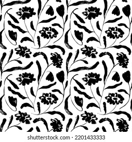 Wild flowers with long stems seamless pattern. Hand drawn vector meadow flowers, black chamomiles blossoms. Meadow floral motif, botanical ornament. Elegant blooming, brush-drawn spring bouquet