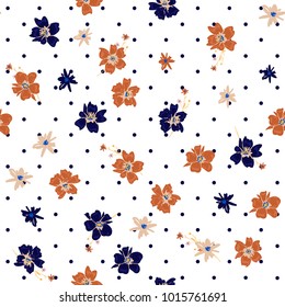 Wild flowers  in many colors seamless pattern with  black polka dots on white background in hand drawing style.