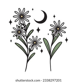 Wild flowers with moon and stars, magical colorful vector art