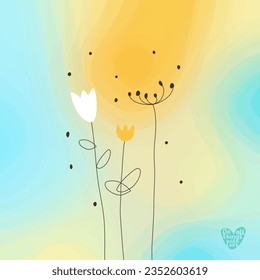 Wild Flowers in nature. Wall decor. Illustration. Printable. Yellow and blue tones. Do all things with love