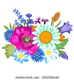 Wild flowers on a white background. Poppies, daisies, cornflowers, carnation, ear, lavender. For fabric, textiles, Wallpaper. Rustic style. Vector stock.