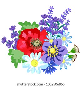 Wild flowers on a white background. Poppies, daisies, cornflowers, cloves, bells, lavender. For fabric, textiles, Wallpaper. Rustic style. Vector stock.