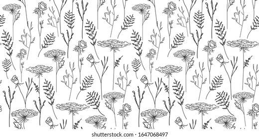wild flowers pattern, line contour vector illustration, for design of wallpaper, paper, textile
