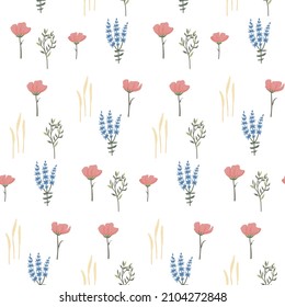 Wild flowers pattern. Seamless floral background. Repeating botanical print with spring blooms, plants and herbs for wallpaper and wrapping. Colored flat vector illustration