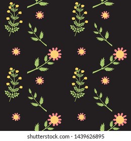 Wild flowers pattern. Vector floral illustration. Background with leaves and flowers for fabric, invitation, greeting cards.