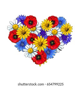 Wild flowers - poppy, chamomile, cornflower, daisy, heart shaped decoration element, sketch vector illustration isolated on white background. Hand drawn realistic wild flowers arranged in heart form