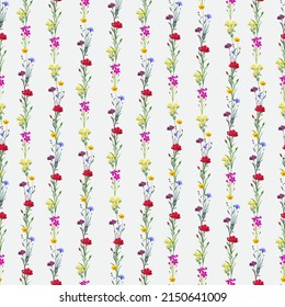 Wild flowers seamless pattern. Branches of flowers, buds, blooming flowers.