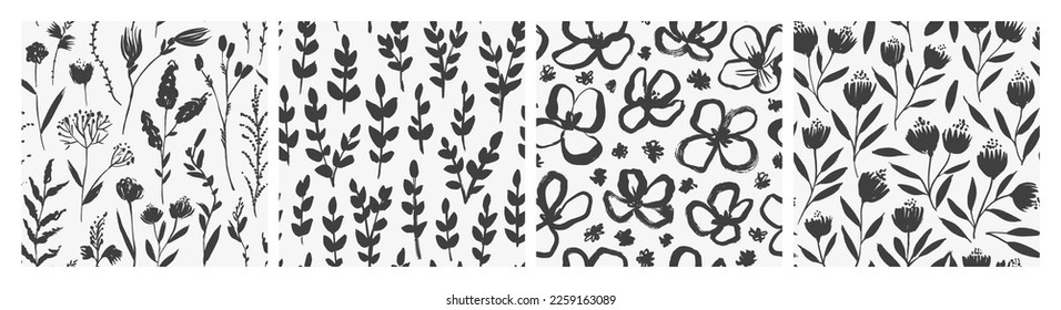 Flores silvestres colección de patrones sin fisuras. Pincel dibujado pequeñas flores simples, ramas de plantas y ramas. Ornamento vectorial dibujado a mano con elementos botánicos y plantas de pradera. 